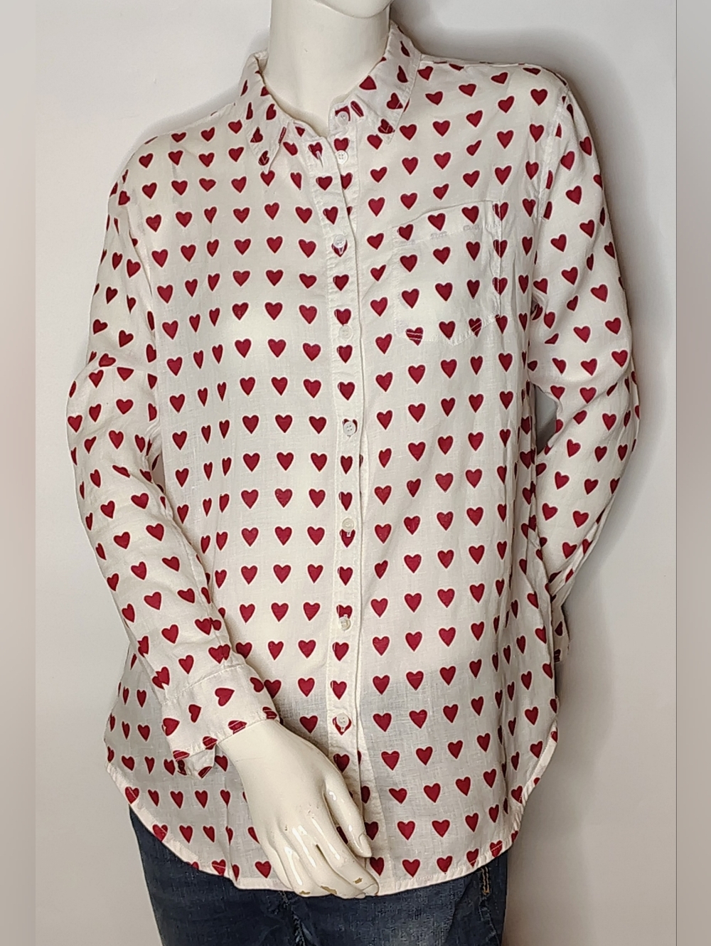 Burberry London Red Heart Print Linen Shirt Sz Large - Picture 2 of 16